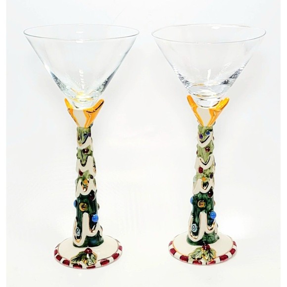 Blue Sky Other - Blue Sky HEATHER GOLDMINC Ceramic Stem Rare Christmas Martini Glasses Set 2 EUC!